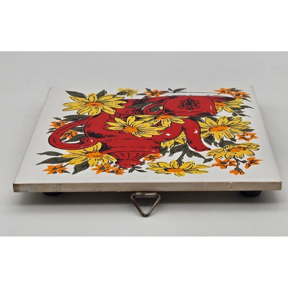 Vintage 1970's Trivet‎ Tile Red Coffee Teapot Floral Wall Hanging Kitchen KK